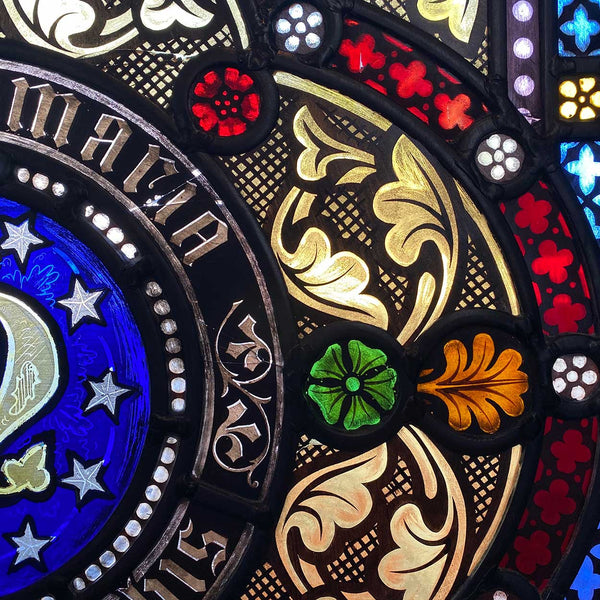 Pair Irish Gothic Revival Stained, Painted, Jewelled and Leaded Glass Windows