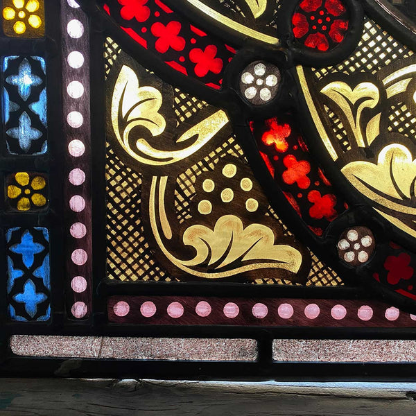 Pair Irish Gothic Revival Stained, Painted, Jewelled and Leaded Glass Windows