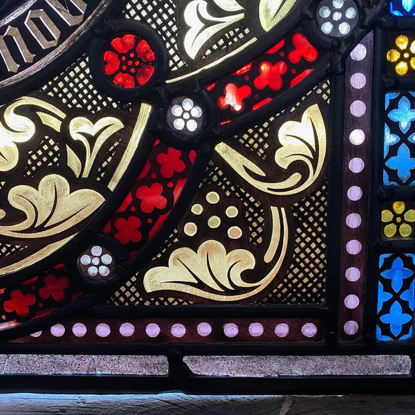 Pair Irish Gothic Revival Stained, Painted, Jewelled and Leaded Glass Windows