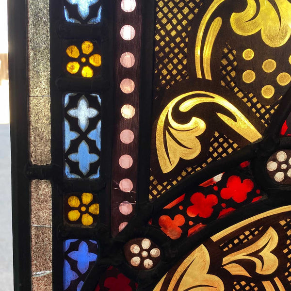 Pair Irish Gothic Revival Stained, Painted, Jewelled and Leaded Glass Windows