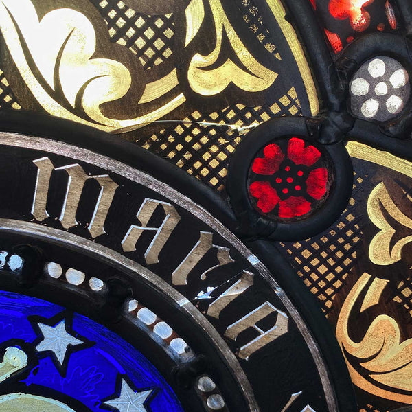 Pair Irish Gothic Revival Stained, Painted, Jewelled and Leaded Glass Windows