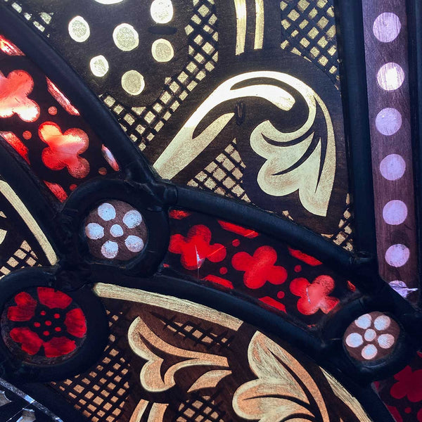 Pair Irish Gothic Revival Stained, Painted, Jewelled and Leaded Glass Windows