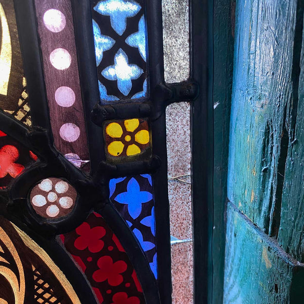 Pair Irish Gothic Revival Stained, Painted, Jewelled and Leaded Glass Windows