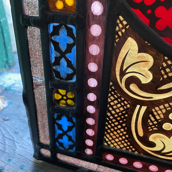 Pair Irish Gothic Revival Stained, Painted, Jewelled and Leaded Glass Windows