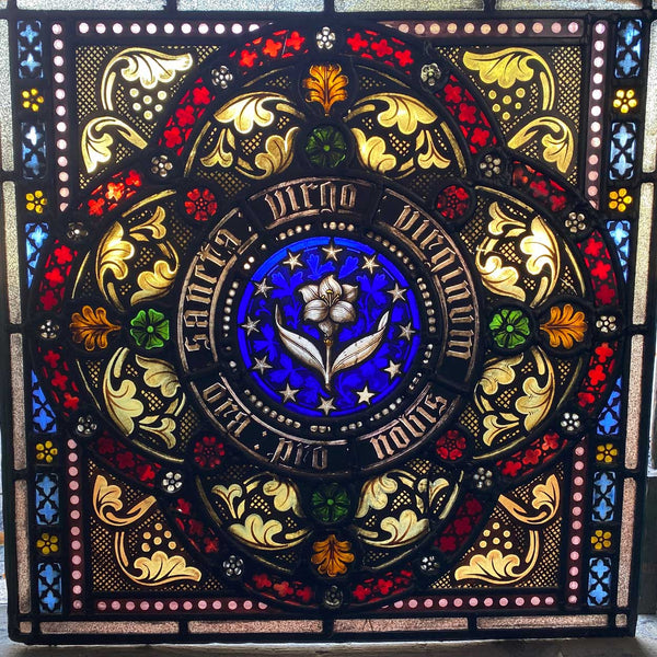 Pair Irish Gothic Revival Stained, Painted, Jewelled and Leaded Glass Windows