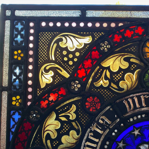 Pair Irish Gothic Revival Stained, Painted, Jewelled and Leaded Glass Windows