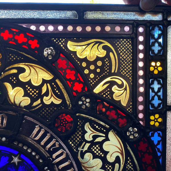 Pair Irish Gothic Revival Stained, Painted, Jewelled and Leaded Glass Windows