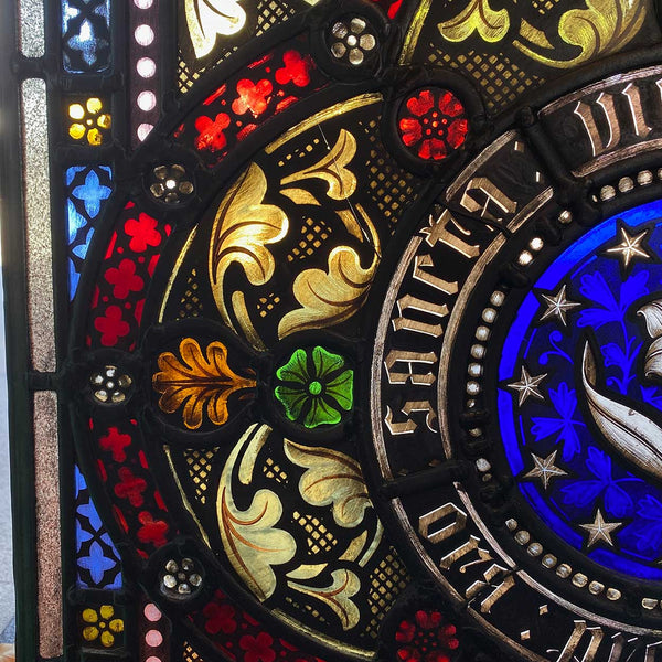 Pair Irish Gothic Revival Stained, Painted, Jewelled and Leaded Glass Windows