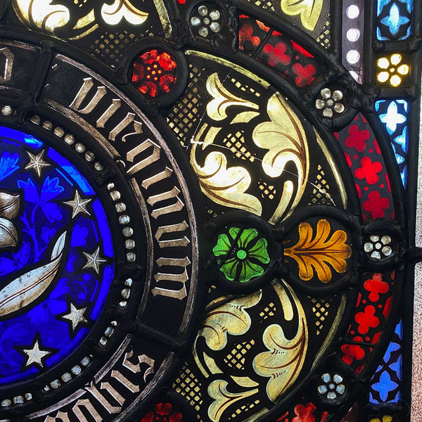 Pair Irish Gothic Revival Stained, Painted, Jewelled and Leaded Glass Windows