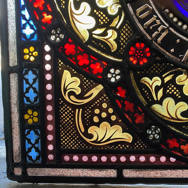 Pair Irish Gothic Revival Stained, Painted, Jewelled and Leaded Glass Windows