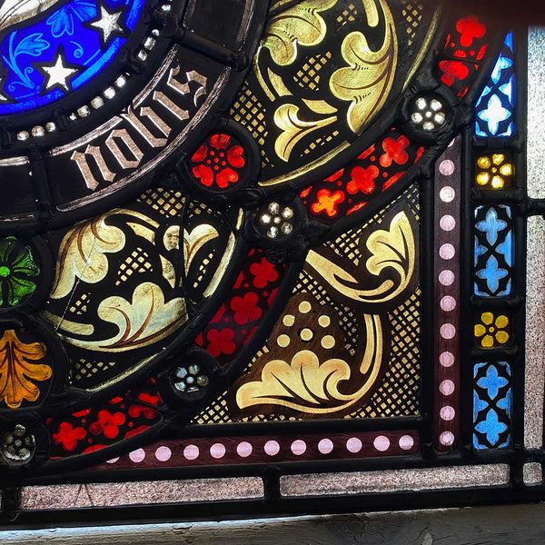 Pair Irish Gothic Revival Stained, Painted, Jewelled and Leaded Glass Windows