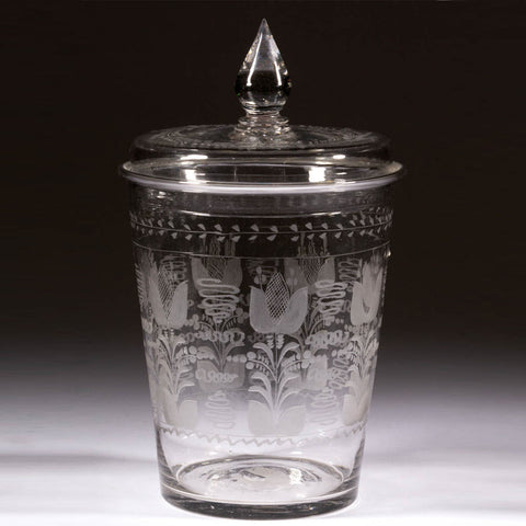 Rare Large American Engraved Stiegel-Type Covered Flip Glass