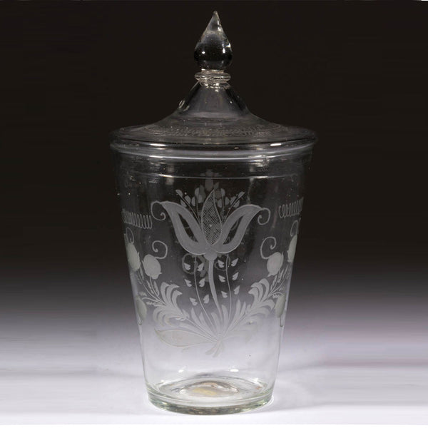 Large Bohemian Blown and Engraved Stiegel-Type Covered Flip Glass