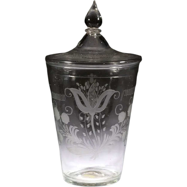 Large Bohemian Blown and Engraved Stiegel-Type Covered Flip Glass