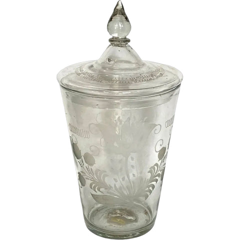 Large Bohemian Blown and Engraved Stiegel-Type Covered Flip Glass