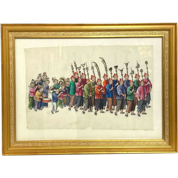 Set of Two Chinese Qing Gouache Paintings on Pith Paper, Wedding Procession