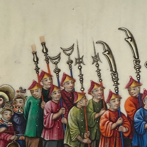 Set of Two Chinese Qing Gouache Paintings on Pith Paper, Wedding Procession