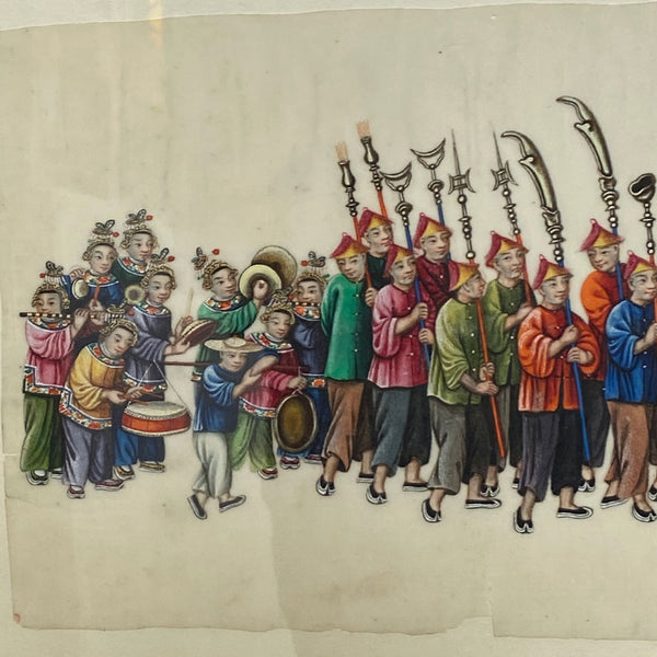 Set of Two Chinese Qing Gouache Paintings on Pith Paper, Wedding Procession