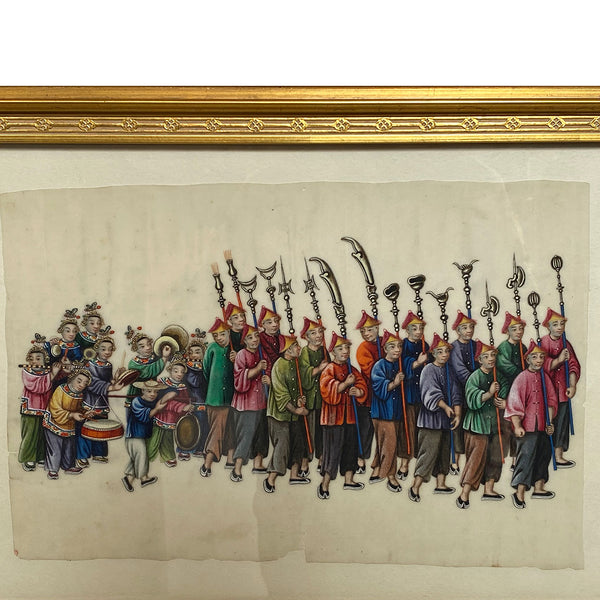 Set of Two Chinese Qing Gouache Paintings on Pith Paper, Wedding Procession