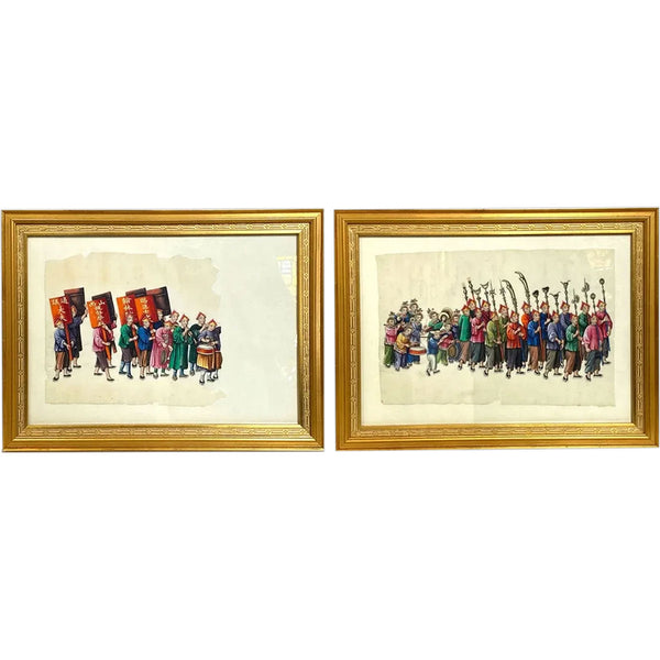 Set of Two Chinese Qing Gouache Paintings on Pith Paper, Wedding Procession