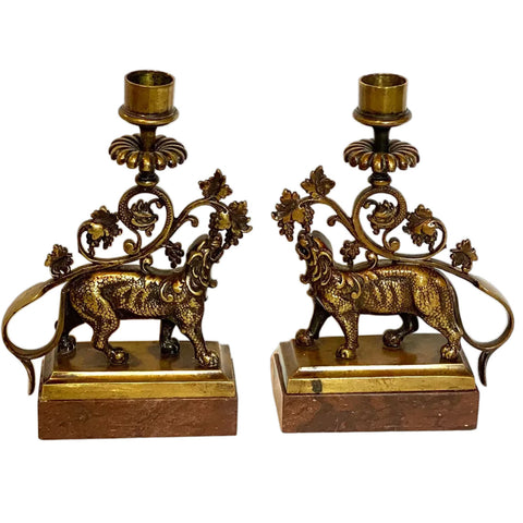 Pair Continental Gothic Revival Bronze and Marble Lion-Form Candlesticks