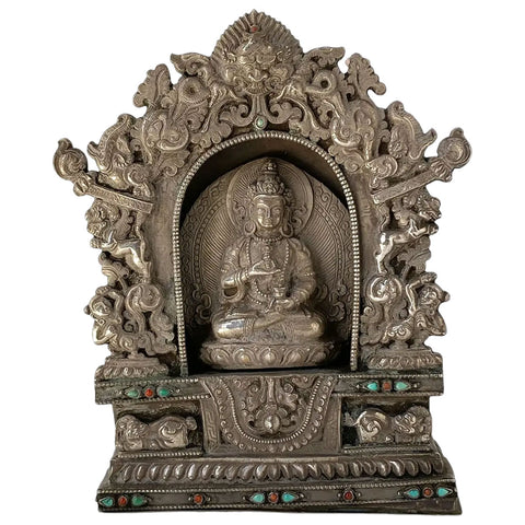 Tibetan Buddhist Beaded Coin Silver Devotional Portable Shrine (Ghau Box)