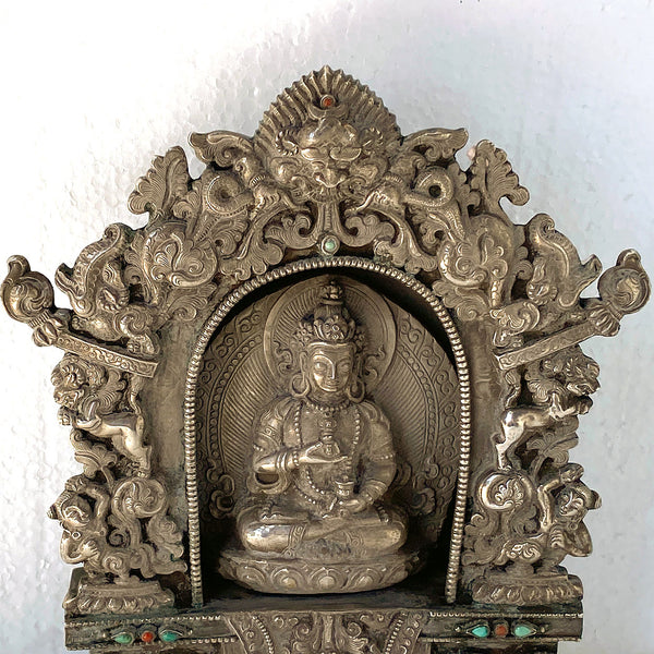 Tibetan Buddhist Beaded Coin Silver Devotional Portable Shrine (Ghau Box)