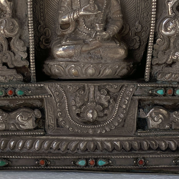 Tibetan Buddhist Beaded Coin Silver Devotional Portable Shrine (Ghau Box)