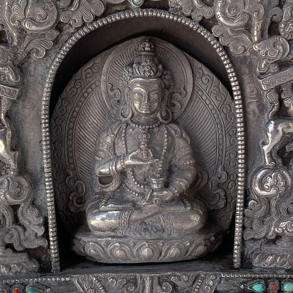Tibetan Buddhist Beaded Coin Silver Devotional Portable Shrine (Ghau Box)