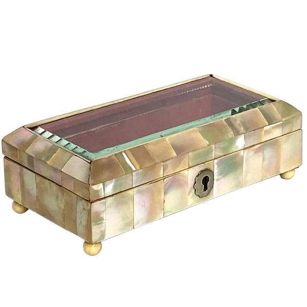 English/French Mother-of-Pearl and Beveled Glass Dresser Box