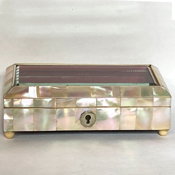 English/French Mother-of-Pearl and Beveled Glass Dresser Box