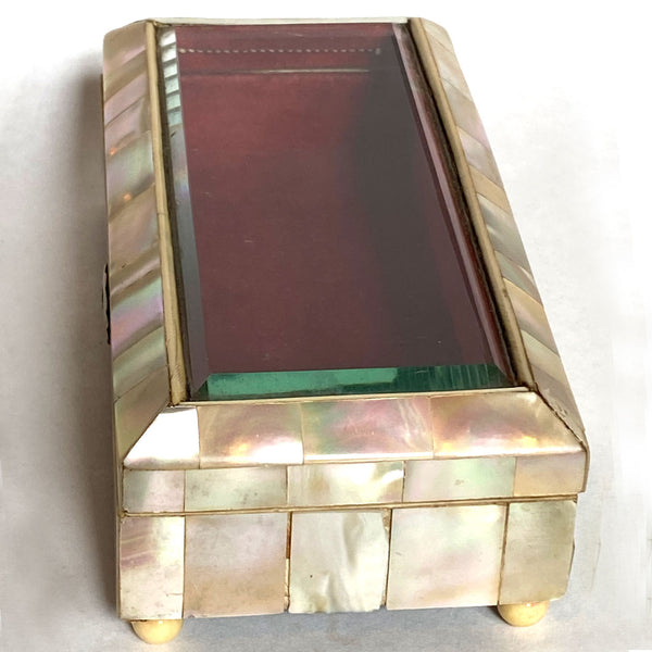 English/French Mother-of-Pearl and Beveled Glass Dresser Box