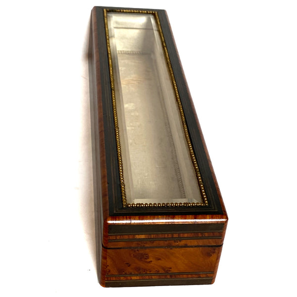 French Napoleon III Amboyna Burl Beveled Glass Fan Dresser Box Vitrine