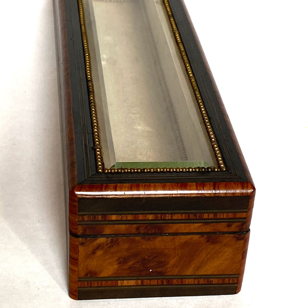 French Napoleon III Amboyna Burl Beveled Glass Fan Dresser Box Vitrine
