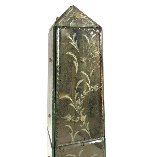 Pair of Vintage Italian Venetian Etched Mirrored Obelisks