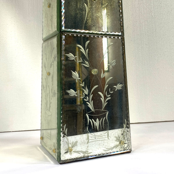 Pair of Vintage Italian Venetian Etched Mirrored Obelisks