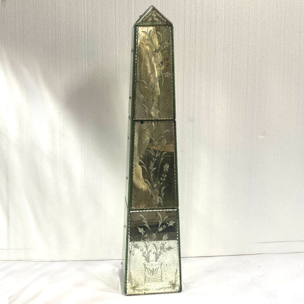 Pair of Vintage Italian Venetian Etched Mirrored Obelisks