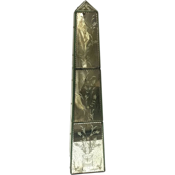 Pair of Vintage Italian Venetian Etched Mirrored Obelisks