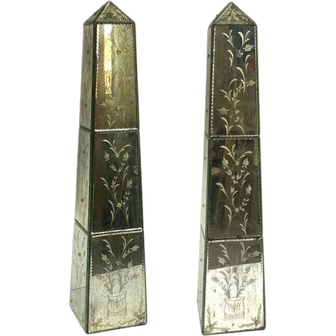 Pair of Vintage Italian Venetian Etched Mirrored Obelisks