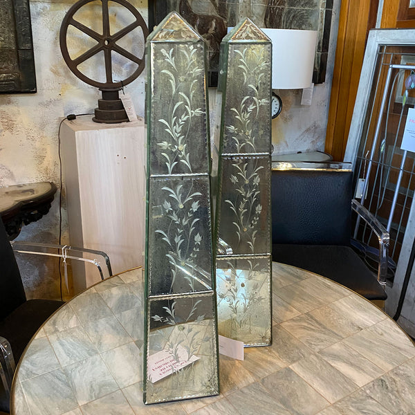 Pair of Vintage Italian Venetian Etched Mirrored Obelisks