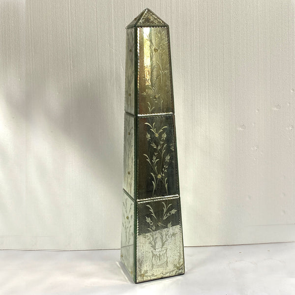 Pair of Vintage Italian Venetian Etched Mirrored Obelisks