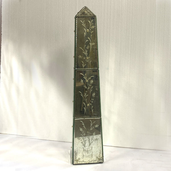 Pair of Vintage Italian Venetian Etched Mirrored Obelisks