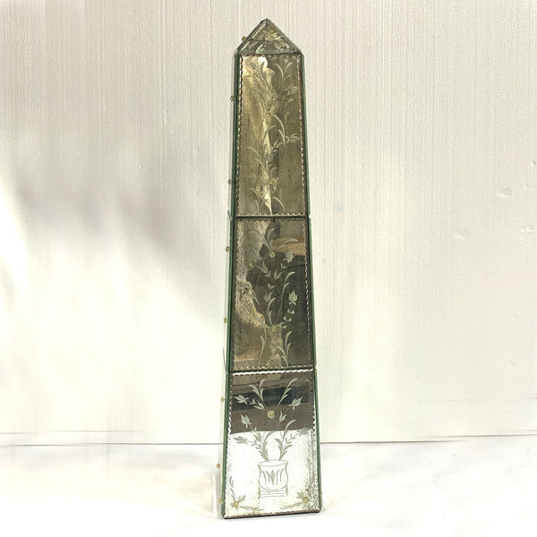 Pair of Vintage Italian Venetian Etched Mirrored Obelisks