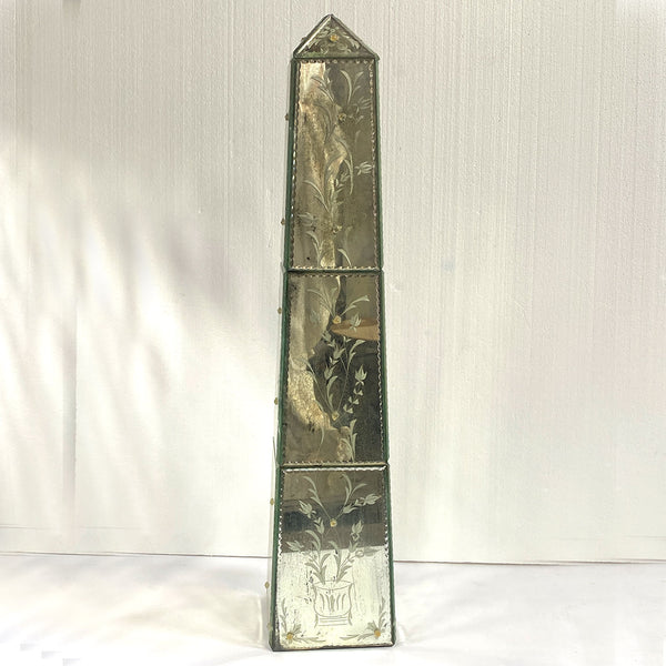 Pair of Vintage Italian Venetian Etched Mirrored Obelisks