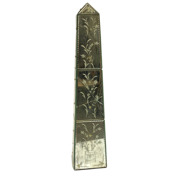Pair of Vintage Italian Venetian Etched Mirrored Obelisks