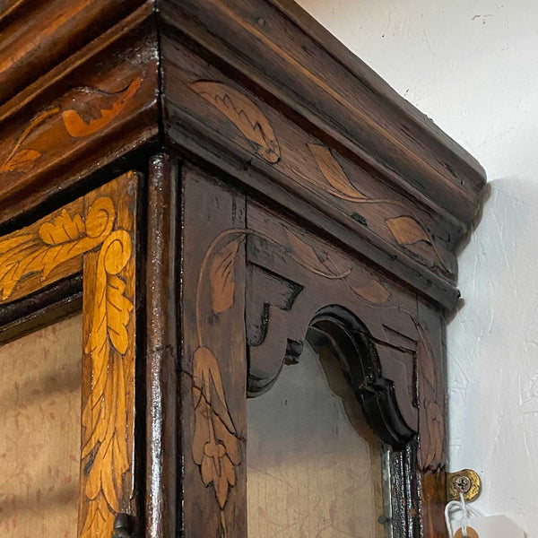 Dutch Walnut and Oak Marquetry Leaded Glass Hanging Vitrine Cabinet