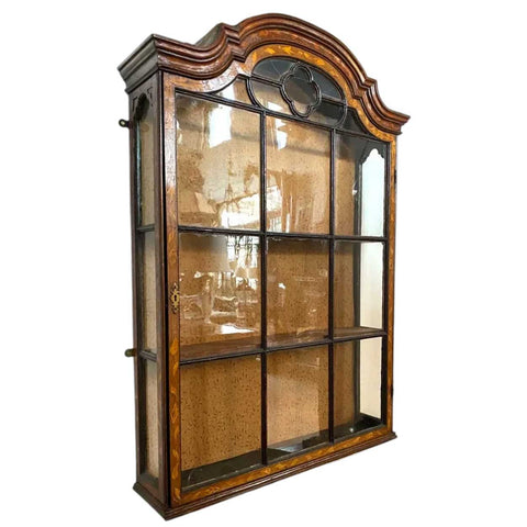 Dutch Walnut and Oak Marquetry Leaded Glass Hanging Vitrine Cabinet