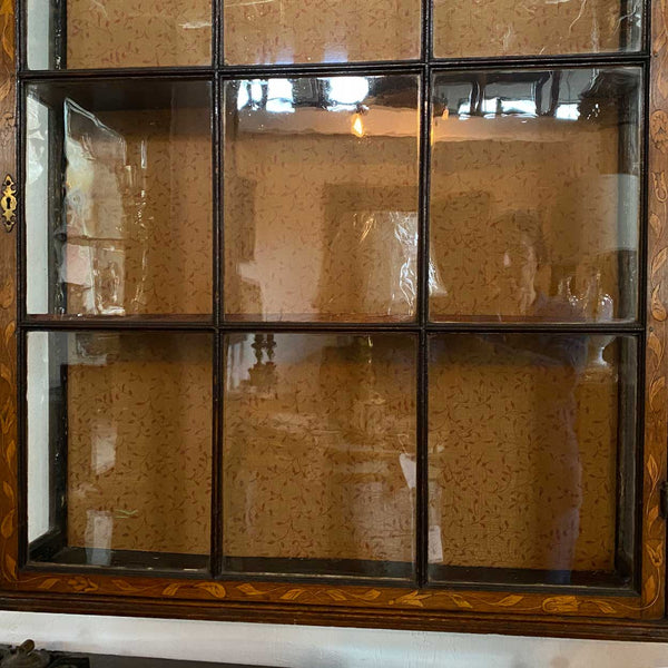 Dutch Walnut and Oak Marquetry Leaded Glass Hanging Vitrine Cabinet