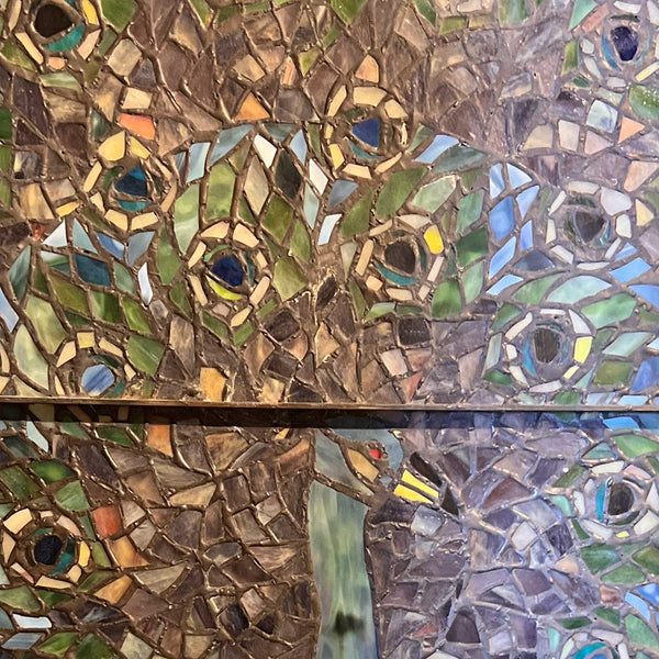 Vintage Stained and Leaded Glass Peacock Window, after Tiffany Studios