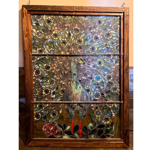 Vintage Stained and Leaded Glass Peacock Window, after Tiffany Studios